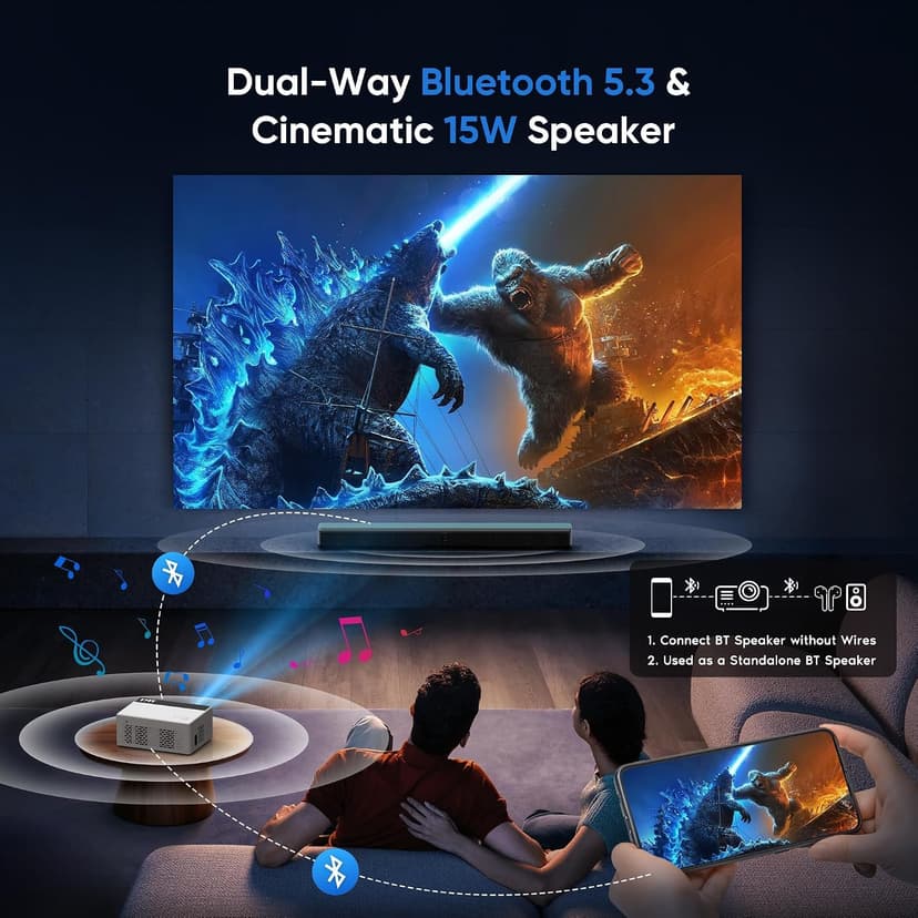 TMY Mini Projector, Upgraded Bluetooth Projector with Screen, 1080P Full HD Portable Projector, Movie Projector Compatible with TV Stick Smartphone/HDMI/USB, indoor & outdoor use