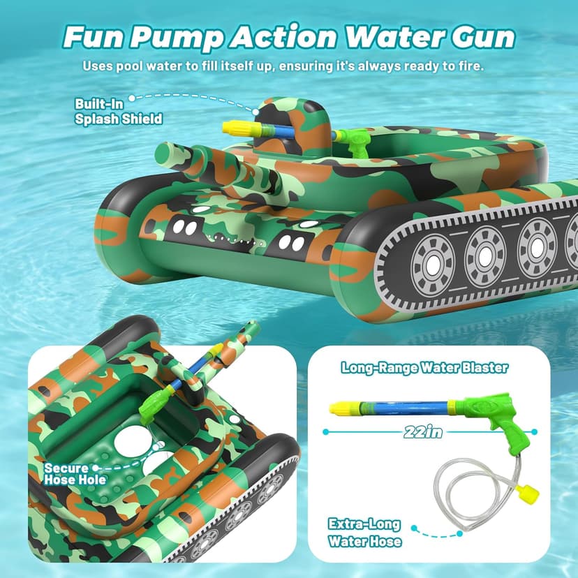 JOSEN Inflatable Tank Pool Float, Swimming Pool Floaties Tank with Water Cannon Gun, Swim Raft Water Battle Fun for Lake, Pool Party, Beach & Backyard for Adults-Green