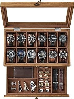 SONGMICS SONGMICS 12-Slot Watch Box, 2-Tier Watch Display Case with Large Glass Lid, Removable Watch Pillows, Velvet Lining, Jewelry Box, Gift Idea, Rustic Walnut UJOW012K01