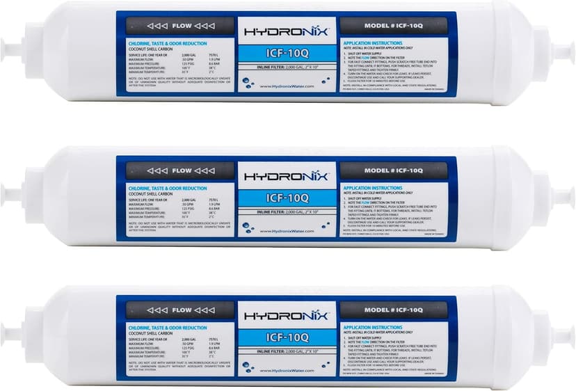 Hydronix ICF-10Q/3 Inline Post Activated Carbon Water Filter Replacement Cartridge with 1/4-Inch Quick Connect for Refrigerator, Ice Maker, RO Reverse Osmosis System, 2000 Gallons (3 Pack)