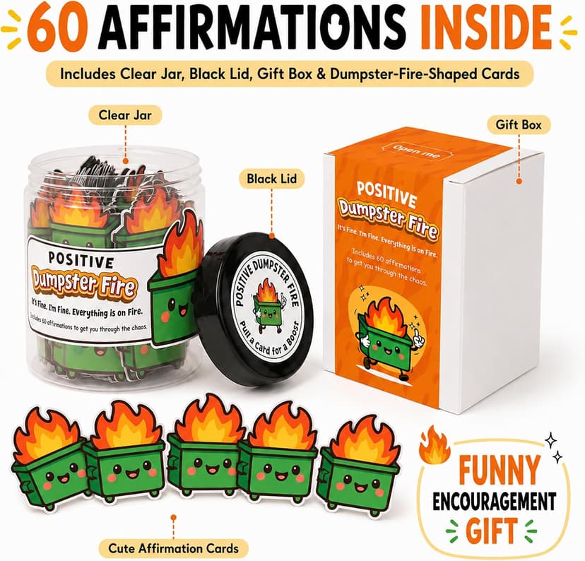 Emotional Supports Dumpster Fire Jar, 60 Positive Affirmation Cards, Dumpster Fire Desk Accessories, Thank You Retirement for Women Men Farewell Going Away Gifts for Coworkers Chaos Coordinator Office B0F898K73X