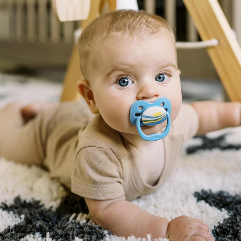 Dr. Brown's Advantage Baby Pacifier, Fully Symmetrical Soother with Soft Silicone Bulb, Blue Sunrise, 0-6m, BPA Free, 2 Pack