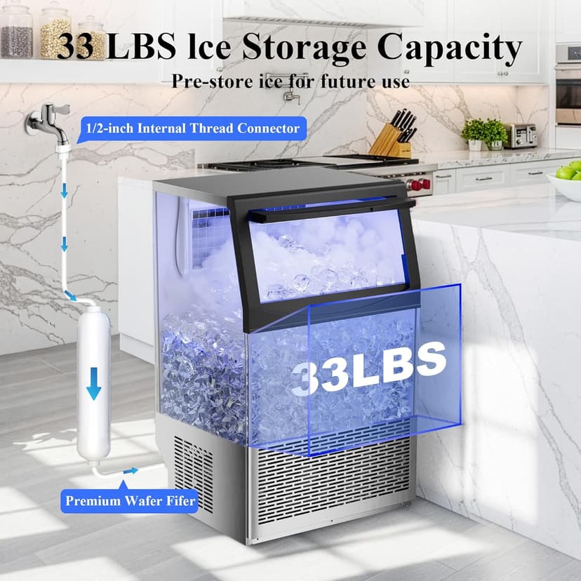 Commercial Ice Maker,200 lbs/24H,96 Cubes in 14 Mins,Stainless Steel Ice Machine with 33 lbs Storage Capacity,Water Filter,Self-Cleaning,Under Counter/Freestanding Ice Maker for Restaurant,Cafe,Home