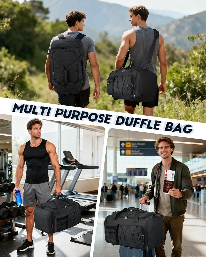 SDYSM Gym Bag for Men 45L Sports Duffel Bags 3-in-1 Travel Duffel Bag with Shoe Compartment, Gym Workout Backpack Carry On Weekender Bag Overnight Bag for Travel, Black