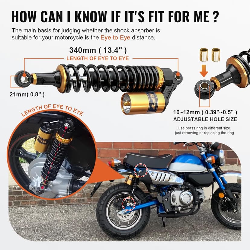 GZYF 13.4 inch Universal Motorcycle Rear Air Shock Absorbers 340mm for HONDA for Suzuki for Yamaha for Kawasaki ATV Go Kart Quad Dirt Sport Bikes,Gold
