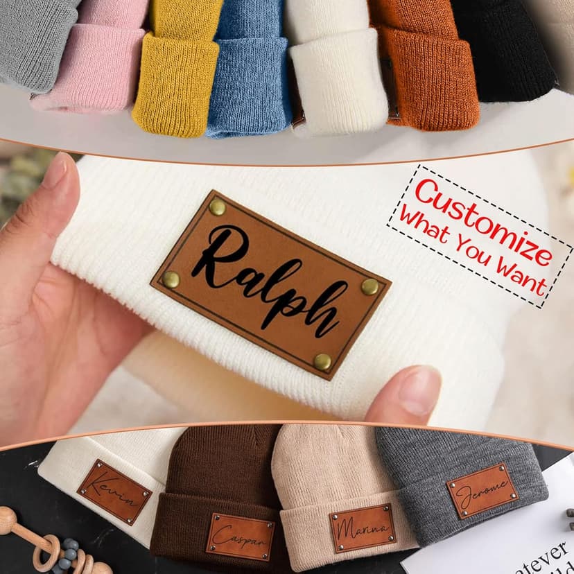 Custom Toddler Baby Beanies, Mama Mini Matching Hats, Leather Patch Baby Knit Hats, Winter Beanies for Infant, Kids Adults