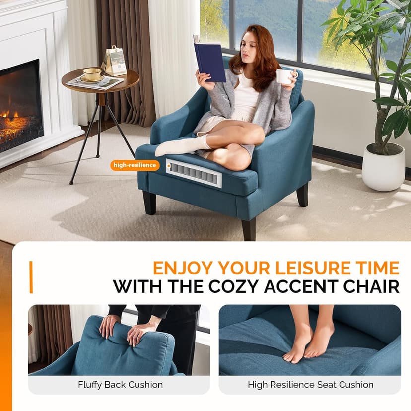 VINGLI Linen Fabric Accent Chair Navy Blue, Modern Upholstered Armchair, Comfy Sofa Chair Living Room Bedroom Furniture for Apartment