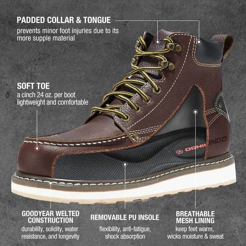 HISEA NINGO Work Boots for Men Steel/Soft Toe Boots,6” Water Resistant Slip Resistant Industrial & Construction Work Shoes, Composite Toe Working Boot