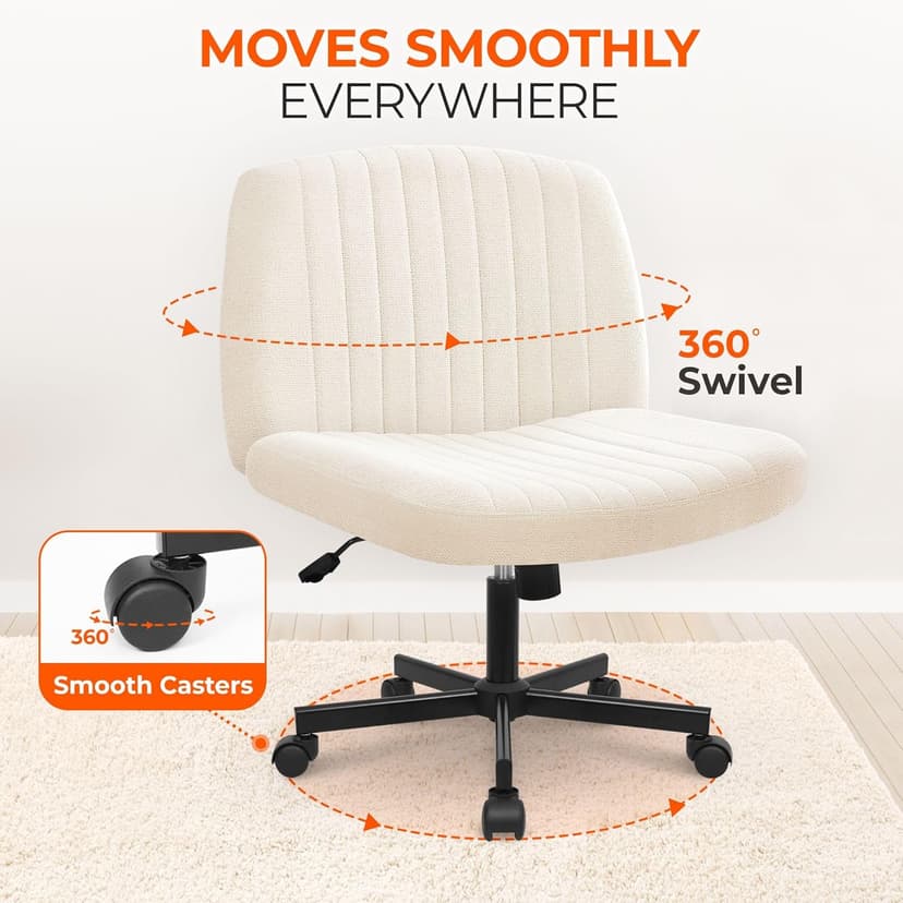 Orange Factory Criss Cross Chair Wheels Wide Cross Legged Office Desk Vanity Chair Comfy Fabric Armless Adjustable Swivel for Home Computer Task (Beige Wheel, Fabric)