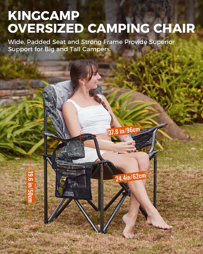 KingCamp Oversized Camping Chair with Adjustable Lumbar Support, 550lbs Heavy Duty Padded Folding Lawn Chair for Adults, Outdoor Armchair with Cooler Bag, Cup Holder & Side Pocket for Fishing, Travel