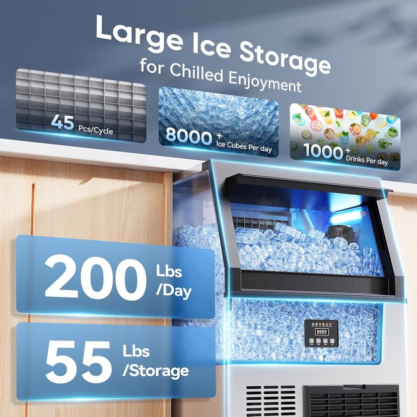 Coolake Commercial Ice Maker Machine, 200Lbs/Day Under Counter Ice Maker with 55 Lbs Storage, Stainless Steel Freestanding Built-in Outdoor Ice Machine with Water Filter for Home Bar Cafe Garage