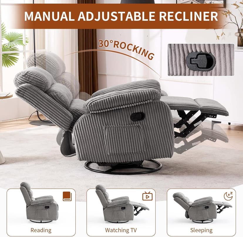 Plush Premium Velvet 360° Swivel Rocker Recliner Chair - High Back Glider with Generous Footrest, Supportive Armrests & Side Pocket for Nursery, Living Room & Small Spaces Grey