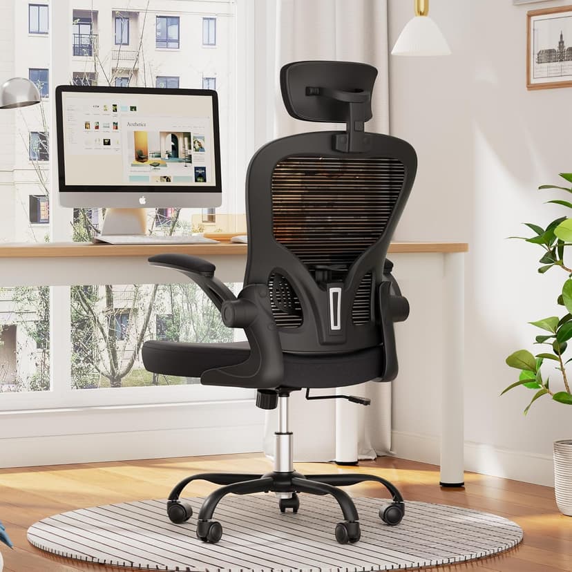 Ergonomic Office Chair, 300lbs High Back Breathable Mesh Desk Chair with Lumbar Support, Comfy Gaming Chair with Headrest and Flip-Up Arms, 360° Swivel Computer Task Chair for Home Office, Black