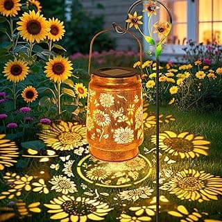 Sunflower Solar Lanterns Outdoor Waterproof, Christmas Gifts for Women Mom Grandma, Metal Hanging Lantern Solar Lights LED Decoration with Shepherd Hook Outside for Yard, Patio, Porch, Garden Decor