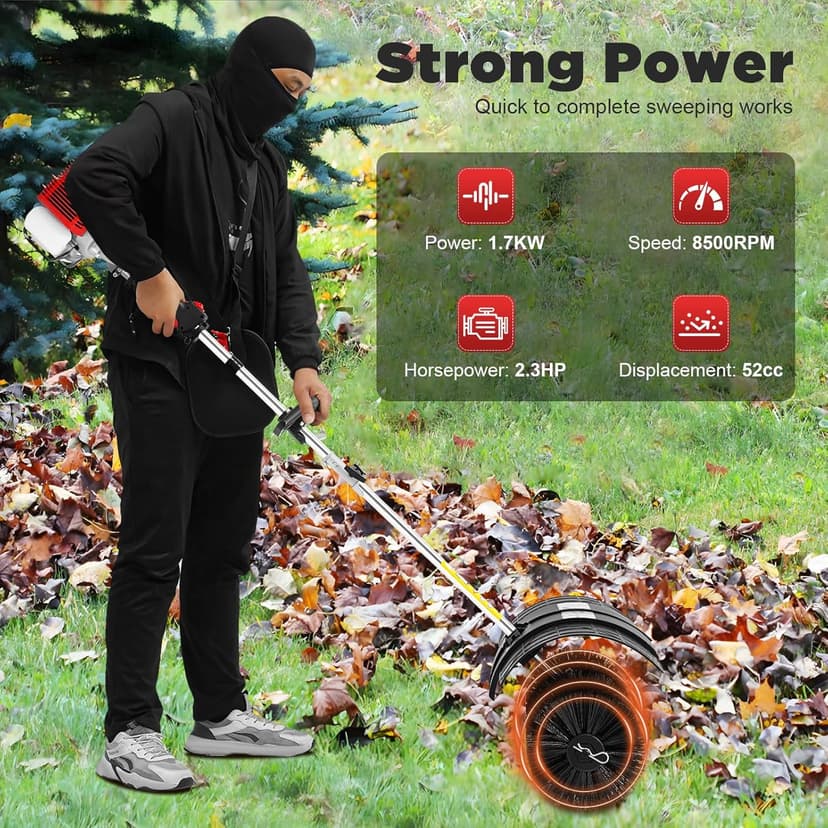 2-Stroke 1700W Gas Power Snow Sweeping Broom,52cc Handheld Broom Walk Behind Sweeper,Single Cylinder Outdoor Hand Held Sweepers w/hairdryer,Cleaning Driveway Turf Lawns Power Brush Cleaner Tools