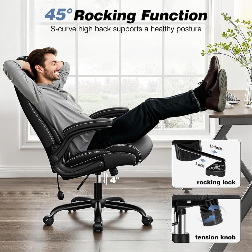 BESTFAIR Ergonomic Office Chair - Desk Computer Chair, Leather High Back Executive Chairs with Adjustable Lumbar Support & Flip Up Arms, Rocking, Black
