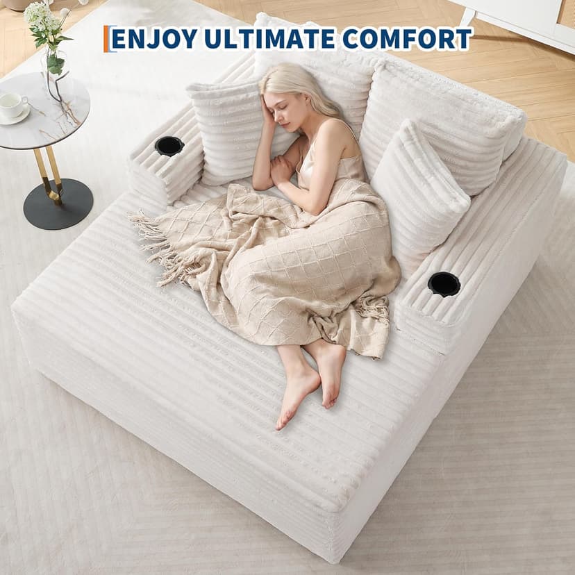 IDEALHOUSE 64" Oversized Chaise Lounge Chair Indoor, Upholstered Boneless Sofa Bed with Throw Pillows, Cup Holders and Armrests, Comfy Corduroy Sleeper Couch for Living Room, Bedroom, Office (Beige)