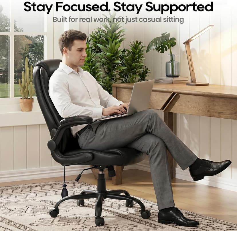 MALOL Leather Office Chair, Computer Desk Chair with Adjustable Lumbar Support, Thick Cushion, Flip-Up Arms and Ergonomic Back, Comfy Executive Office Chair for Home Office Gaming,Black