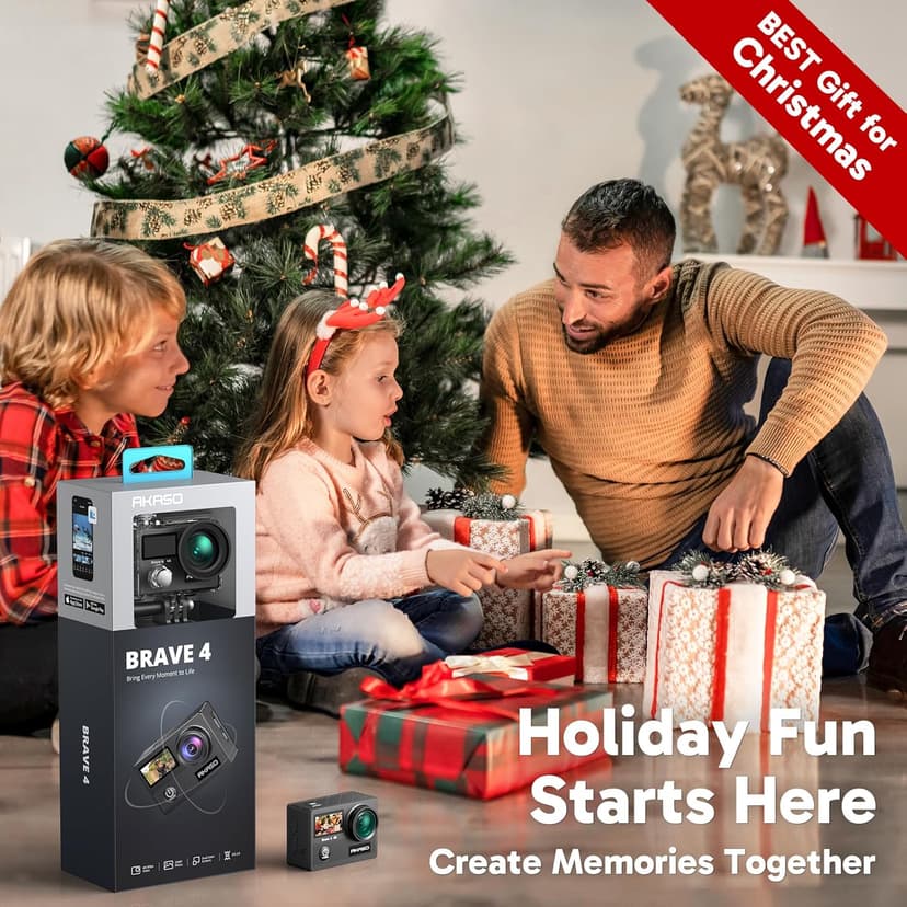 AKASO Brave 4 Action Camera 4K 30fps Ultra Hd Video 20MP Photo, EIS, WiFi Remote Control, Waterproof Underwater Camera for Snorkel, Travel, Motorcyc, Other Sports, 2xBatteries, Helmet Accessories Kit