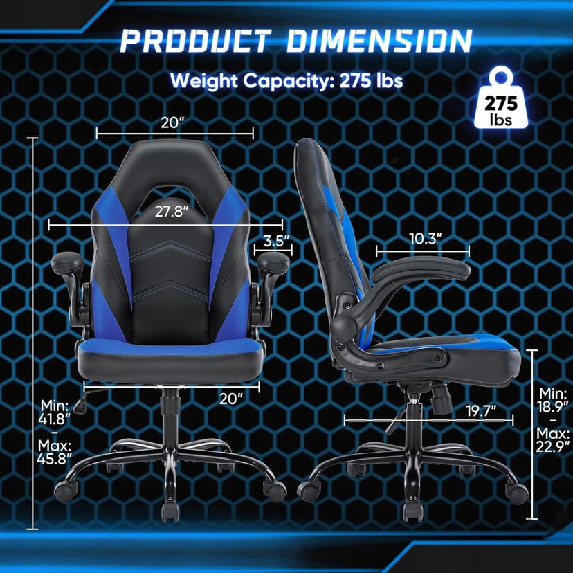 OLIXIS Computer Gaming Chair - PU Leather Ergonomic Lumbar Support with Flip-up Armrest and 360° Swivel Wheels, Height Adjustable Task Home Office Desk Video Racing, Black and Blue