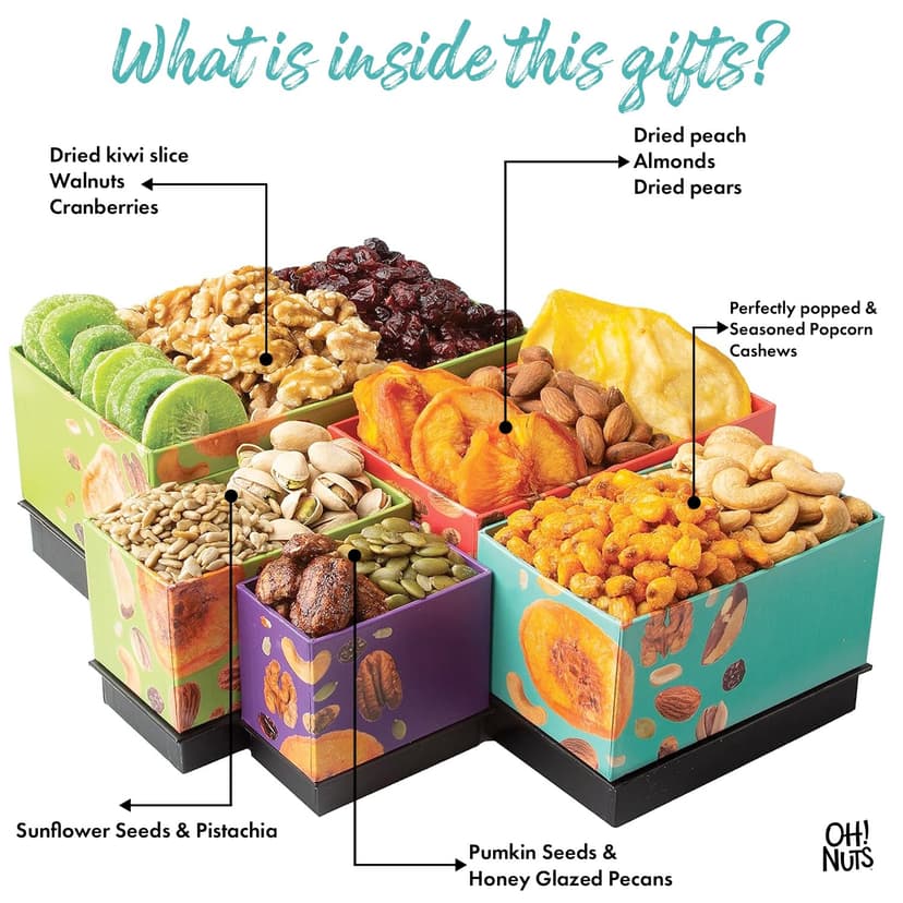 Oh! Nuts Dried Fruit and Nuts Gift Basket Tower with Black Ribbon Gift Basket, 5 Tier Gourmet Arrangement Platter, Healthy Kosher Snack Box for Birthday, Anniversary