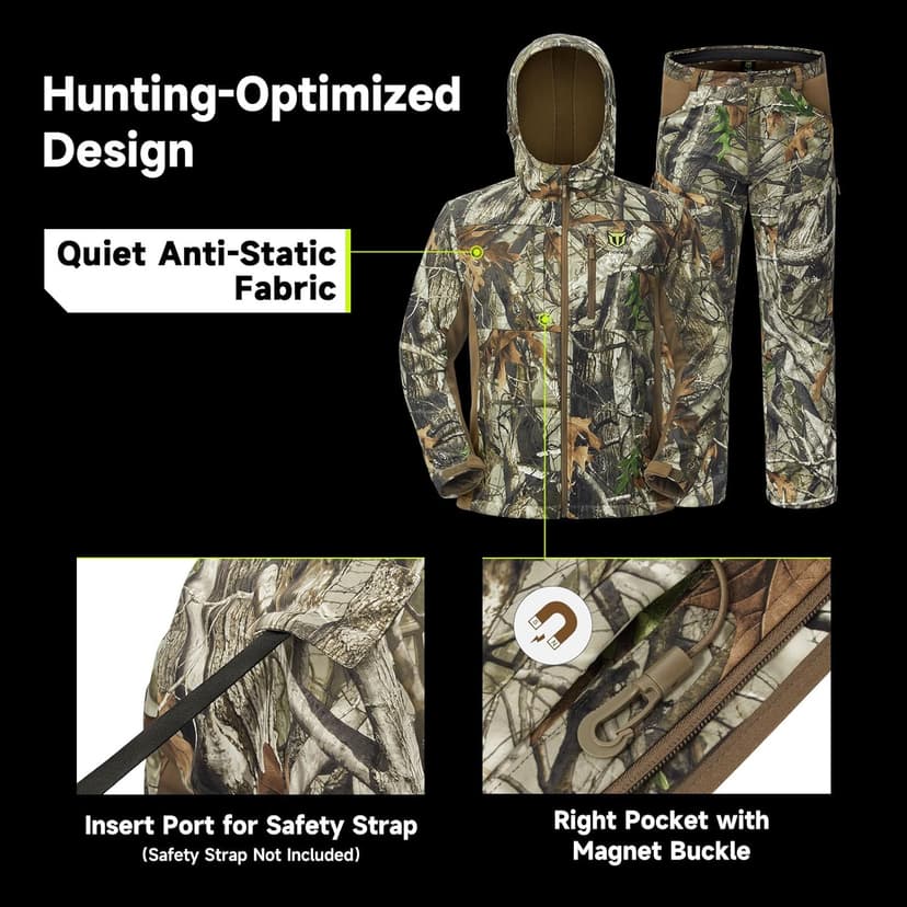 TIDEWE Hunting Clothes for Men with Fleece Lining, Safety Strap Compatible Water Resistant Silent Hunting Jacket and Pants