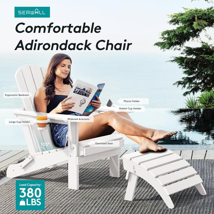 SERWALL Adirondack Chair with Cup Holders - Composite Adirondack Chairs Set of 2 HDPE Outdoor Chairs All Weather Use- White