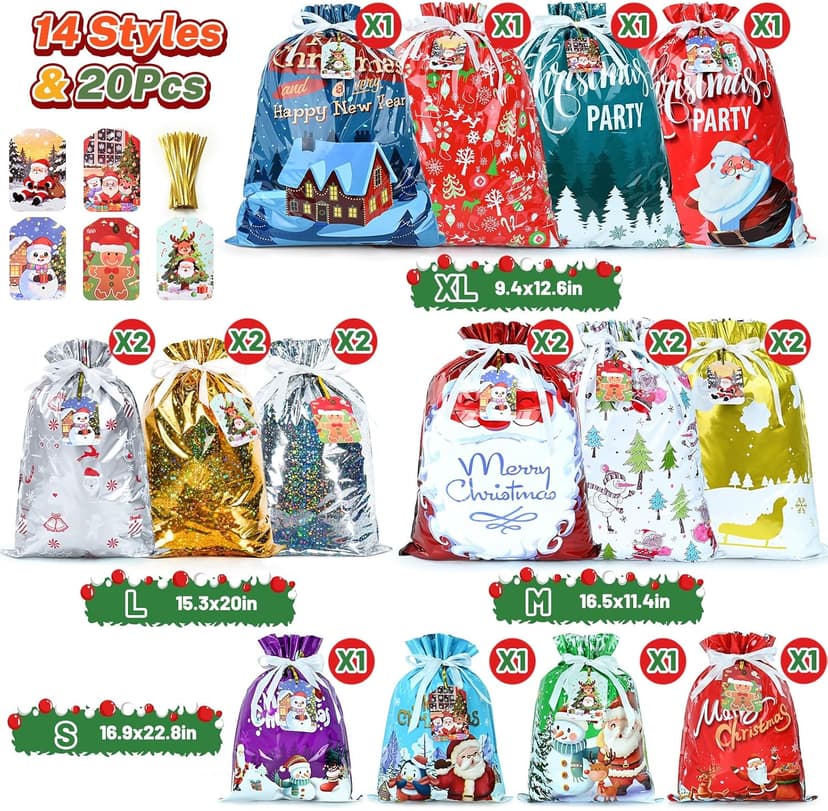 14 Styles Colorful Xmas gifts Bags with 20 Cards for Gifts Holiday Present Wrapping Xmas Decor 20 Pcs Christmas Drawstring Gift Bags, Assorted Sizes with More Large Bag. B0H7MP6FX5