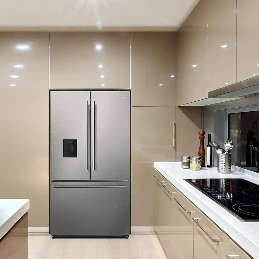 DE210FDBMDSS Refrigerator Built in with French Doors Adjustable Glass Shelves Dual Drawer Bottom Freezer with Ice Maker, LED Interior Light and Stainless Steel Exterior, 36-Inch, Metallic