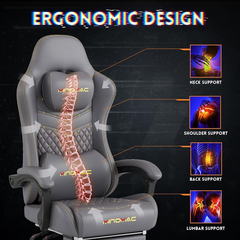 Gaming Chair,Ergonomic Computer Gaming Chair,400lb Load-Bearing,Retractable Footrest/Waist Support/Ergonomic Backrest[Spring + 4D Sponge] (Grey)