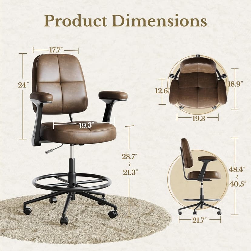 Drafting Executive Chair, Tall Office Chair with Padded Flip-Up Armrests, Mid-Back Cushioned Seat, 360° Swivel Rolling Computer Desk Chair for Standing Desk & Home Office, Vintage Brown