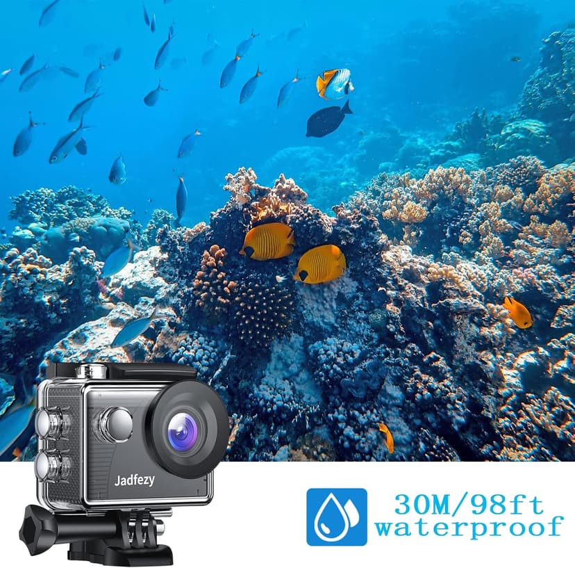Jadfezy Action Camera FHD 1080P with 32GB Card, 98FT/30M Underwater Waterproof Camera with 2 Rechargeable Batteries, Wide Angle Sports Camera with Accessories Kit Suitable for Helmet, Bicycle, etc.