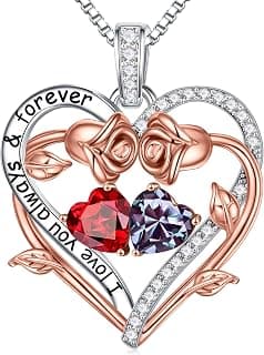 925 Sterling Silver Necklace, Gift Box Packaging, Anniversary Birthday Gifts for Women Her Wife Mom Grandma Iefil Rose Heart Double Birthstone Necklace, Gifts for Wife Her Women B0C1YY72HH