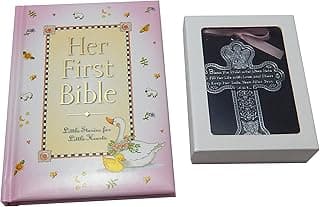 Baby Girl First Bible and 4 Inch Pewter Baptism Guardian Angel Crib Cross