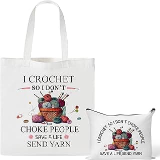 Y1tvei Crochet Canvas Tote Bag - 2Pcs Cosmetic Pouch Tote Bag Reusable Grocery Folding Shopping Bag for Crocheters Women