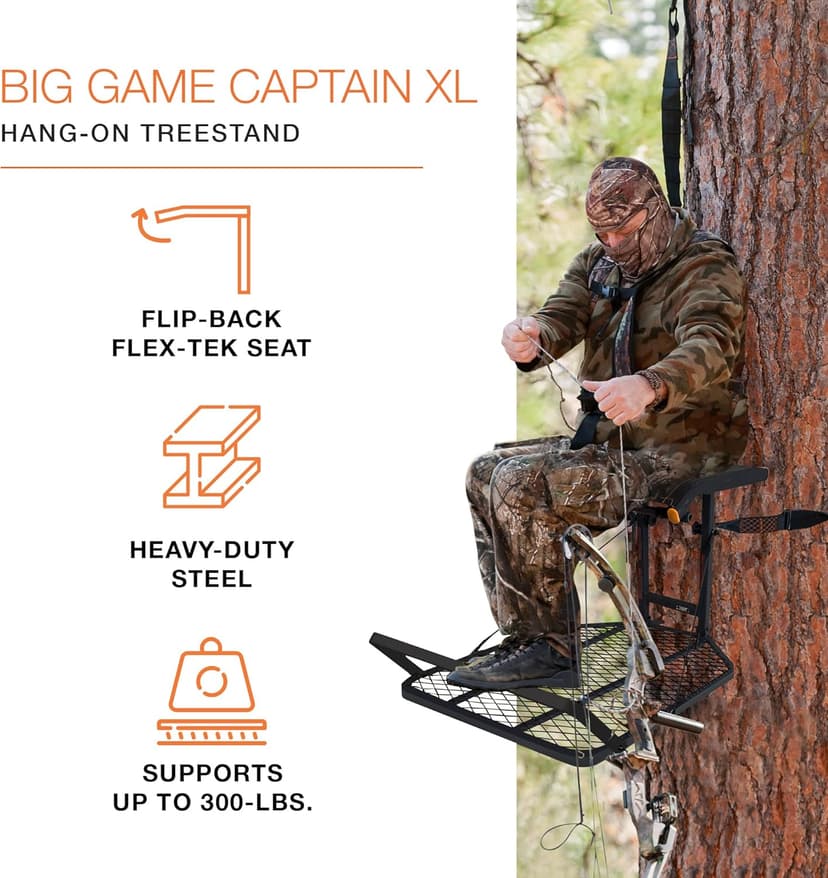 Big Game Captain XC Hang-On Treestand, Lightweight Steel Construction with 14 x 8 in. Flip-Back Flex-Tek Seat, 300 lbs Weight Rating