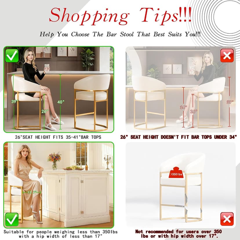 Modern Counter Height Bar Stools,Bar Stools Set of 3,PU Leather Upholstered Barrel Barstools with Backs,26" Kitchen Island Chairs,Metal Gold Frames,Beige White Leather