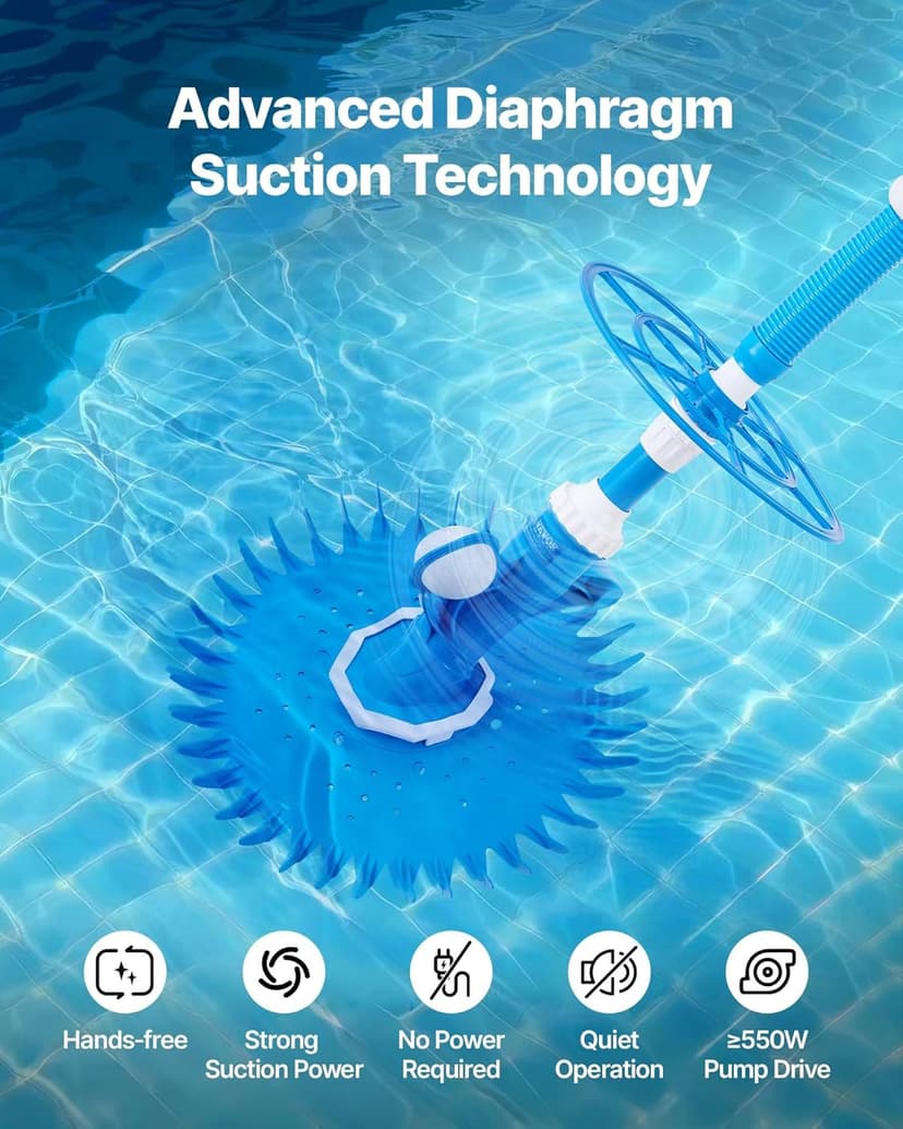 VEVOR Suction Pool Cleaner, Automatic Pool Vacuum Cleaner, Suction Side Automatic Pool Cleaner, Suction Vacuum Pool Sweeper with 12 Hoses, for In-ground Pool and Above-Ground Pool Up to 20 x 35 ft