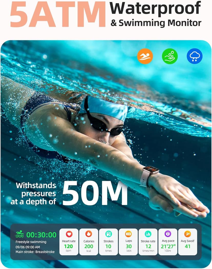 Parsonver Parsonver Smart Watch, 5ATM Waterproof Swimming Watch, Fitness Activity Tracker with 110+ Sports Modes, Heart Rate/Sleep/SpO2/Calories Monitor, Pedometer, Fitness Watch for Android & iPhone, Rose Gold
