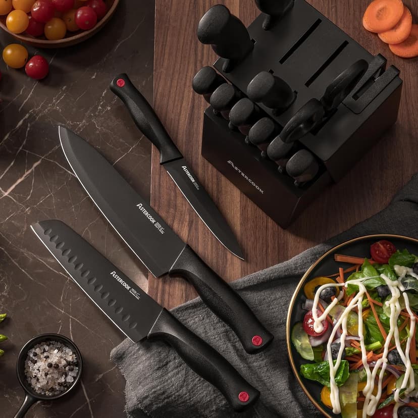 Stainless Steel Kitchen Utensils Set Dishwasher Safe Astercook Knife Set for Kitchen with Block and Sharpener 15pcs German B0C1YBPJ43