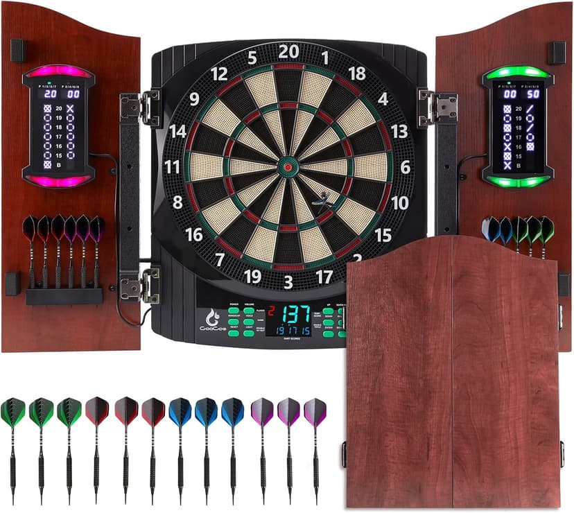 Electronic Dart Board with Wooden Door, Electric Dartboard with Heckler & Light Effects, Digital Soft Tip Dartboards for Game Room Man Cave Bar, 12 Darts, 100 Soft Tips
