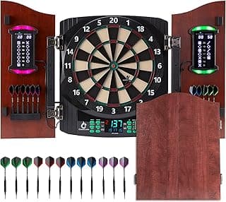 Electronic Dart Board with Wooden Door, Electric Dartboard with Heckler & Light Effects, Digital Soft Tip Dartboards for Game Room Man Cave Bar, 12 Darts, 100 Soft Tips