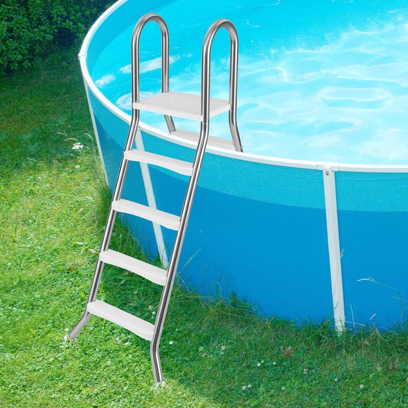 Goplus 4-Step Steel Frame Above Ground Swimming Pool Ladder for 55" Pool Wall Heights, Double-Sided Entry & Exit Ladder w/Non-Slip Steps, Top Platform, Rotating Foot Pads