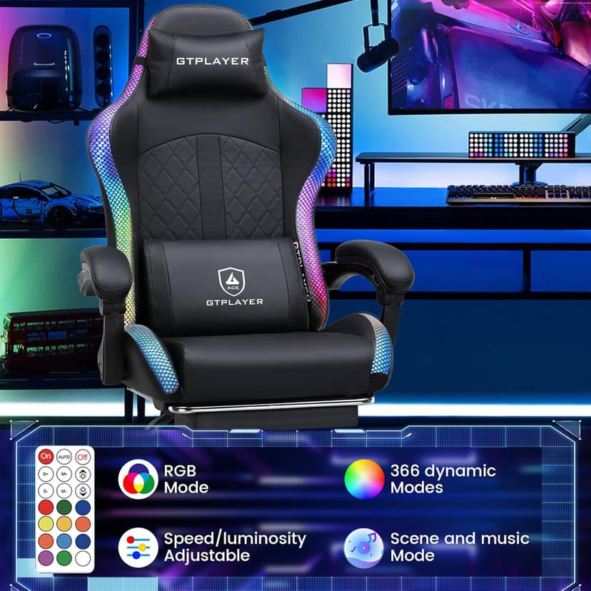 GTPLAYER RGB Gaming Chair with Speakers - LED Computer Game Chair for Adults, PC Home Office Chairs with Footrest & Lights, Reclining Desk Chairs, Dark Black