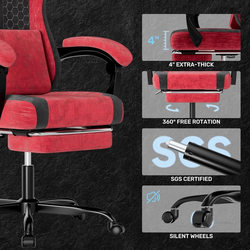 SUKIDA Fabric Video Gaming Chair, Ergonomic High-Back Computer Game Chairs with Large Massage Adjustable Lumbar Support, Headrest and Linked Armrests for Long Hours Sitting Task Chair, Red