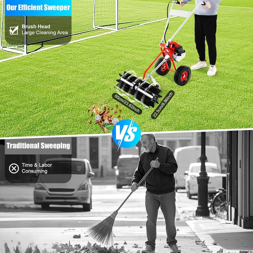 43CC 2 Stroke Gasoline Powered Broom Sweeper, 1.25kw/1.7hp Driveway Lawn Grass Sweeper Snow Cleaning Grit, 8500rpm Hand Push Walking Snow Sweeper for Garden Lawn Yard Sidewalk Turf Grass Cleaning