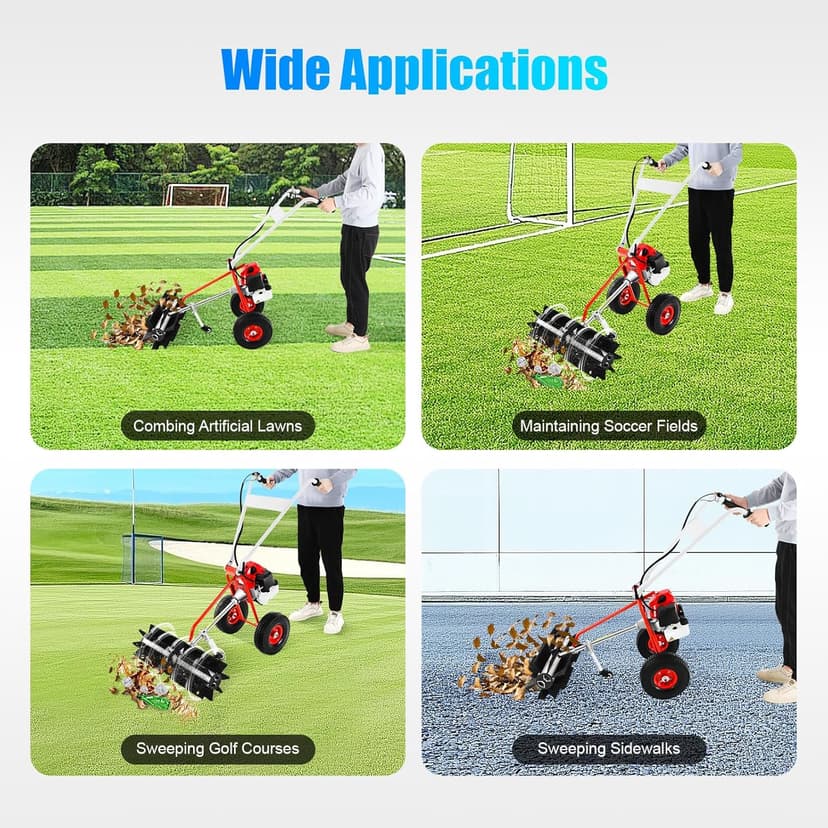 43CC 2 Stroke Gasoline Powered Broom Sweeper, 1.25kw/1.7hp Driveway Lawn Grass Sweeper Snow Cleaning Grit, 8500rpm Hand Push Walking Snow Sweeper for Garden Lawn Yard Sidewalk Turf Grass Cleaning