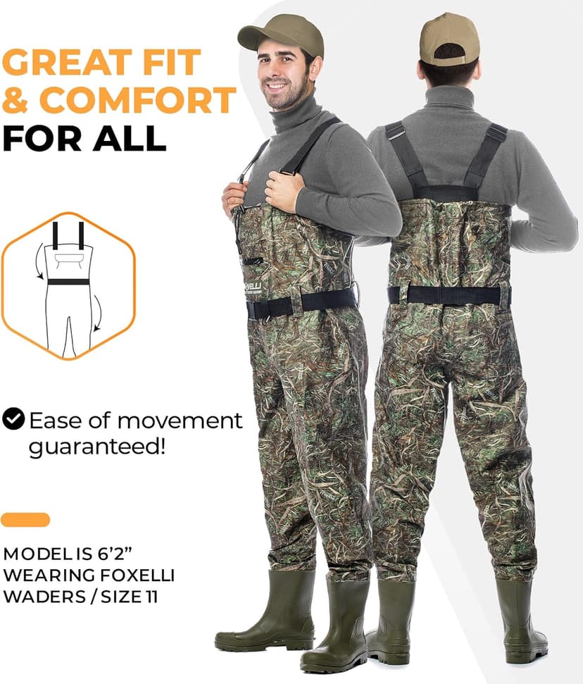 Foxelli Chest Waders – Waterproof 2-ply Nylon/PVC Camo Hunting Fishing Waders for Men and Women with Boots