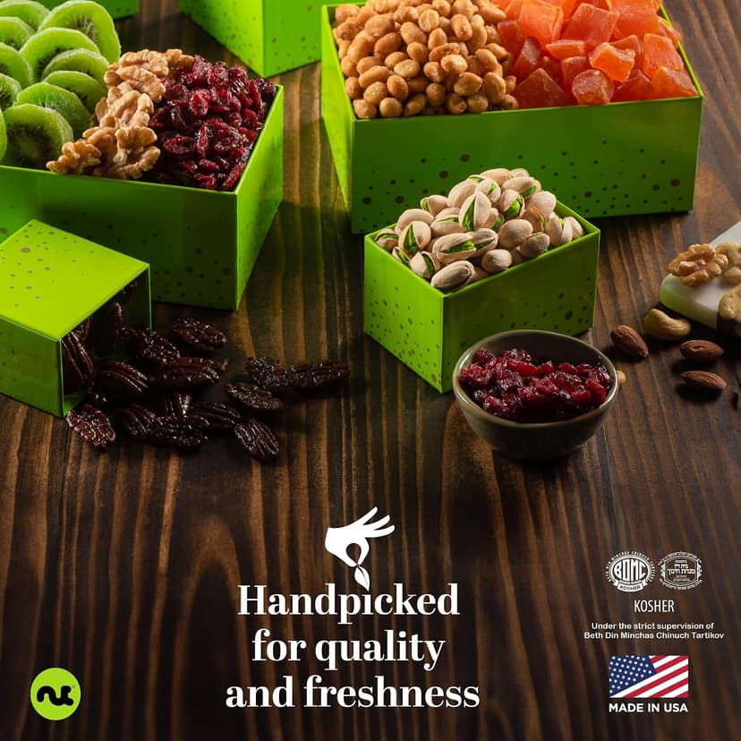 Green Tower + Ribbon, Food Arrangement, Healthy Snack Care Package, Kosher NUT CRAVINGS - Dried Fruit & Mixed Nuts Gift Basket (12 Assortments) B081294WT2