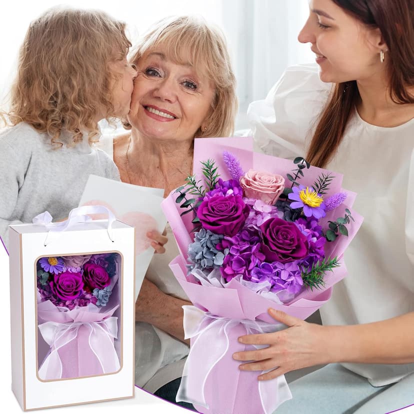 Waipfaru Preserved Flowers, Purple Fresh Bouquet with Gift Box, Flowers for Delivery, That Last 1-3 Years, Forever Flowers for Women Birthday Gift, Anniversary, Teacher, Mother Day